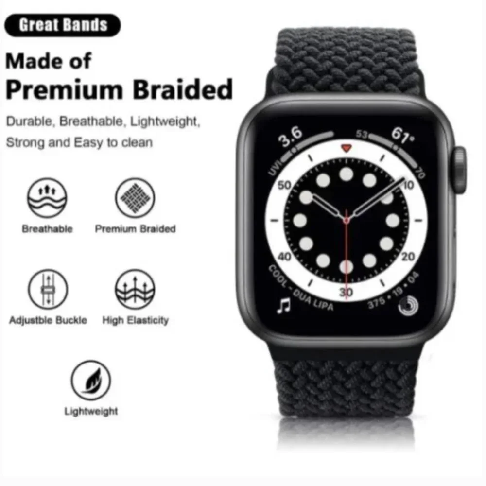 NEW Adjustable Black Braided Solo Loop For Apple Watch